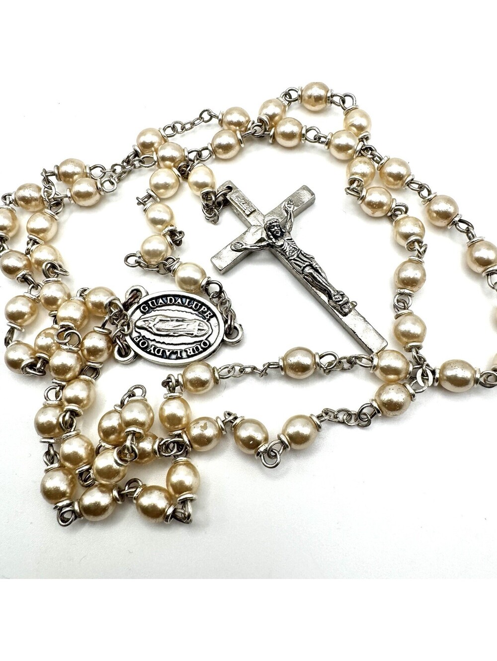 Vtg Catholic Rosary Faux Pearl Beads Silver Tone Our Lady of Guadalupe Italy